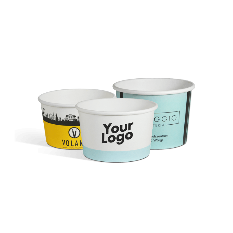 Large selection of ice cream cups with logo