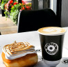 Custom printed glossy paper cup with 'Black box donuts' logo