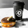 Custom printed 450 ml glossy double wall paper cup with black lid with 'Black box donuts' logo